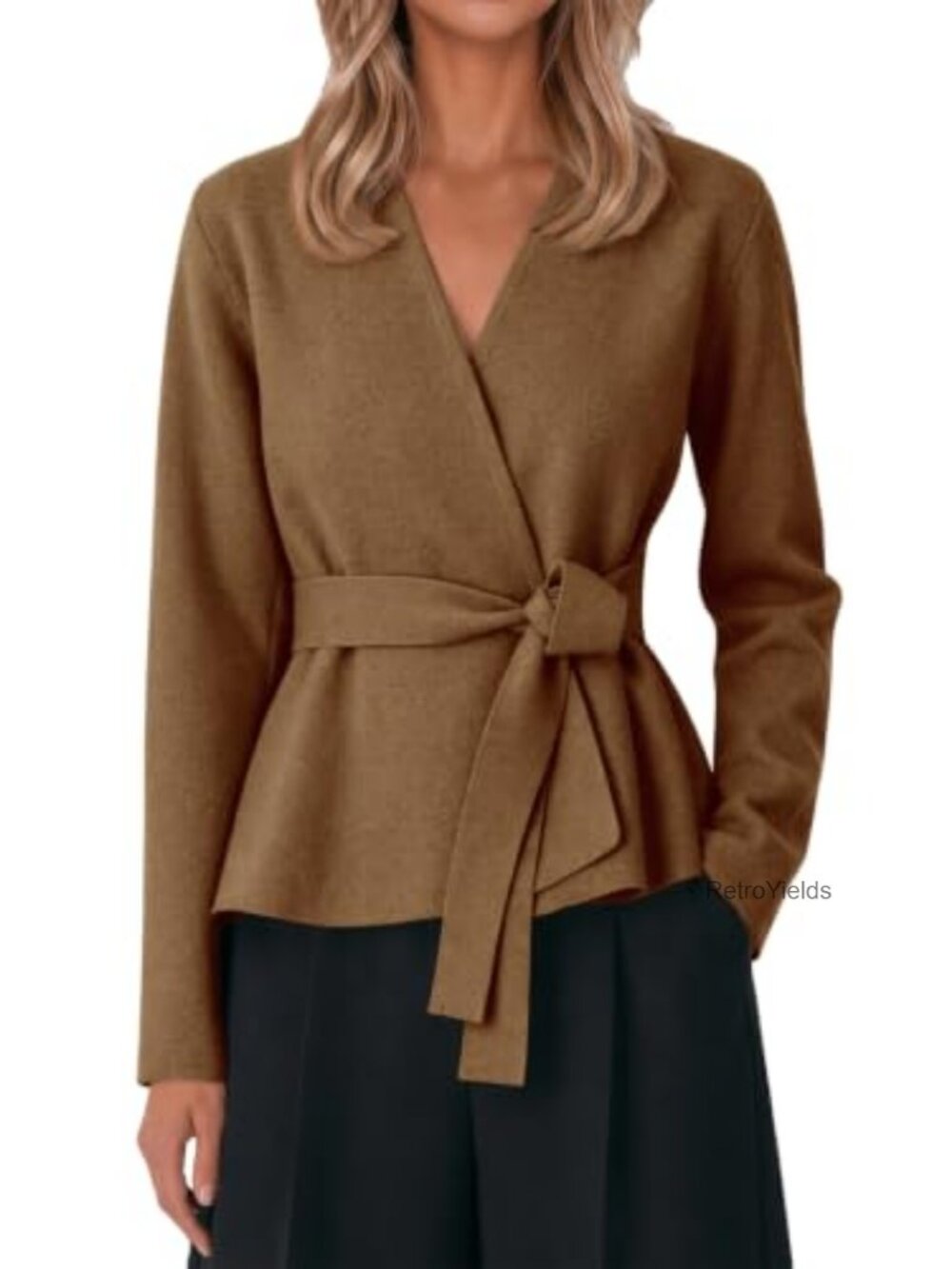 Open Front Belted Wrap V-Neck Knit Cardigan Long Sleeve Casual Sweater